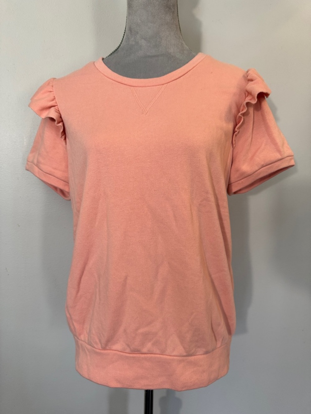 LC Lauren Conrad Peach Pink Ruffle Sleeve Short Sleeve sweatshirt Tee EYC L